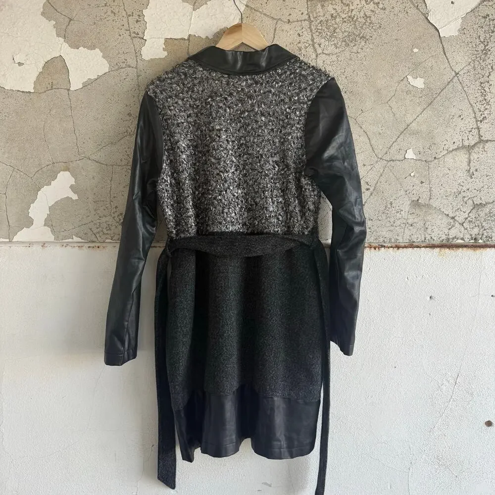 Vtg 90s Belted Coat‎ Long Faux Leather Sleeves Boucle Knit Jacket Womens M USA - Picture 2 of 11